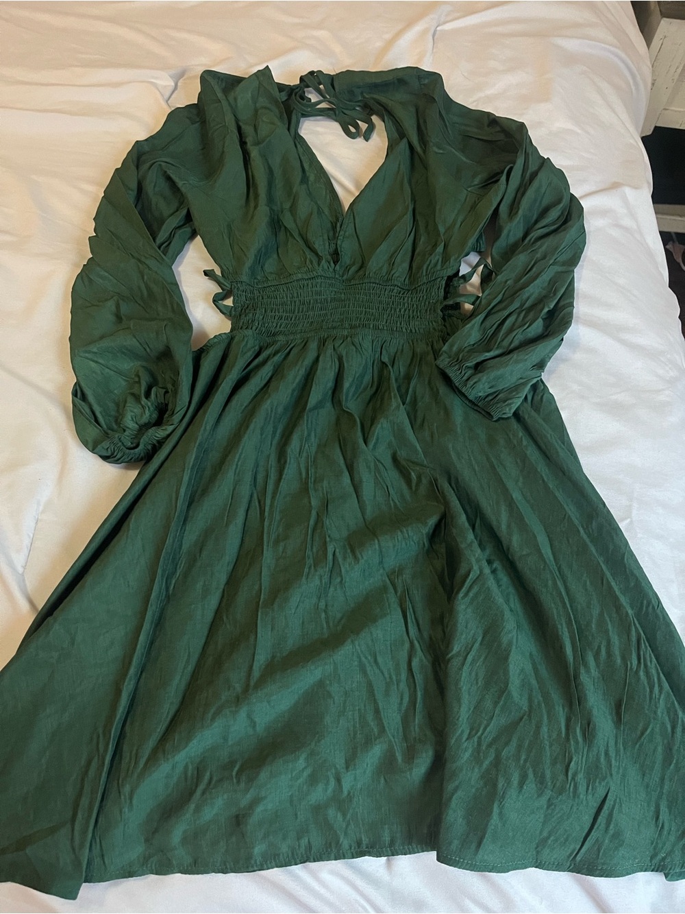 SHEIN Dark Green Long Sleeve V-Neck Smocked Waist Dress